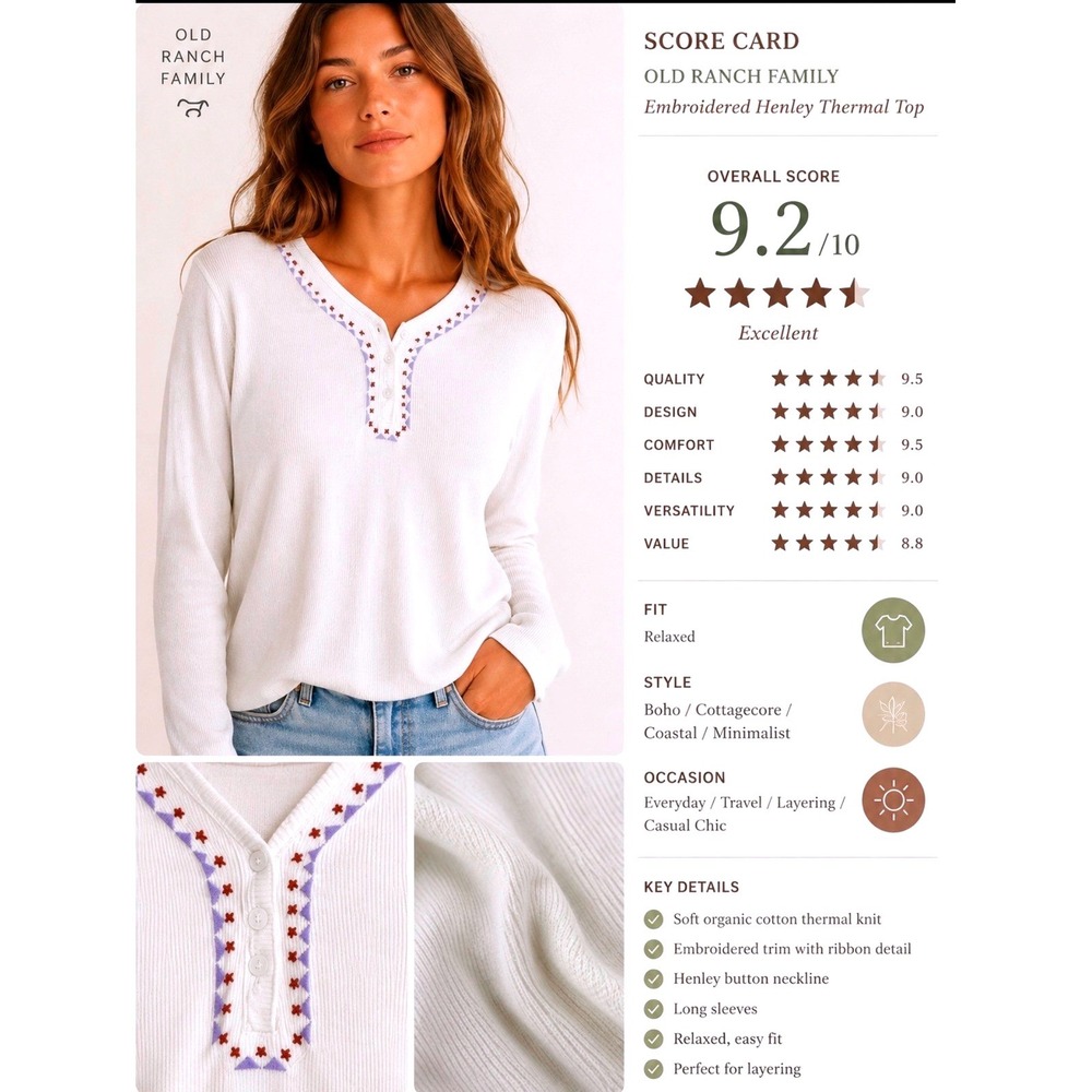 Embroidered Henley Ribbed Top Cream White Organic‎ Cotton XL Soft Girl Boho